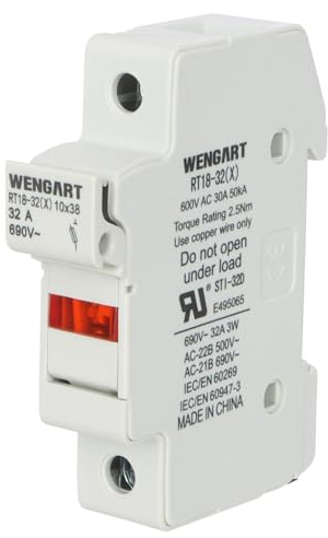 Wengart Sicherungshalter RT18-32X für 10x38mm Sicherungen – 1-Polig mit LED-Defektanzeige – Hutschienenmontage (DIN-Rail) – Sicherungssockel für Photovoltaik, Wohnmobil & Industrie – Max. 32A