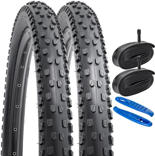 YunSCM 2-Pack 27.5 Bike Tyres 27.5x2.10 Tires 54-584 and 27.5 Heavy Duty Inner Tubes Schrader Valve AV32mm, Compatible with 27.5x2.0 27.5x2.10 27.5x2.125 MTB Bike Bicycle Tyres and Tubes (W-2115)