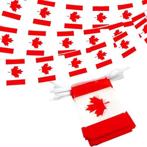 Banderole de Drapeaux du Canada - 5m, 20 Drapeaux 14x21 cm en Tissu Polyester, Impression Double Face, Résistant aux Intempéries, Facile à Installer