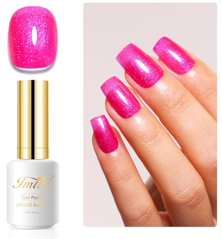 Imtiti Glitter Gel Nail Polish, Hot Pink Iridescent Glitter Gel Polish Soak Off LED UV Diamond Shimmer Sparkle Nail Gel Polish Fall Winter Manicure Gel Nail Polish Kit 15ML