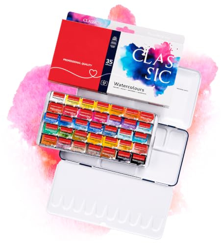 7 Artists Aquarellfarben Set – 35 x Näpfchen Rosa Gallery Classic Aquarell | Professionelle Aquarell Set in Metallkasten | Hochwertig Künstler Aquarellkasten | Aquarellfarbe Wasserfarben