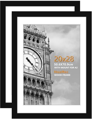 HoziRes 50x70cm Frame Black, Set of 2 100% Solid Wood 70cm x 50cm Frame, 20x28 Inch Picture Frames with Plexiglass Front for Wall Mounting, Photo Frames with Mat for A2 Poster Printing