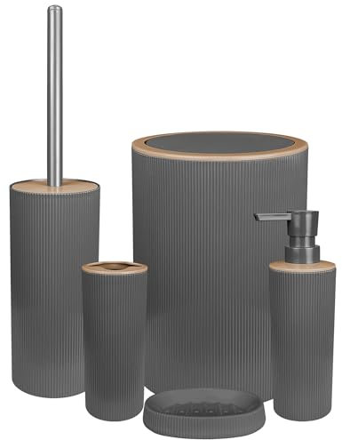 IlGruppone Set Completo Accessori Bagno 5 Pezzi Design Moderno in Plastica Incluso Cestino Pattumiera,Dispenser Sapone Portascopino con Scopino Incluso,PortaSaponetta,Porta Spazzolini - Grigio