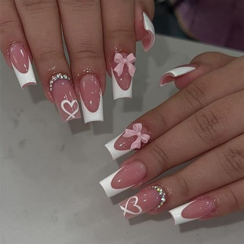 24PCS Long Square French False Nails - Fake Nail with 3D Bow Nails Tip with Glue - Stick on Nails White French Nail Tips for Women Girls Valentines Days Nails Art