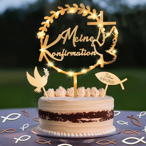 Tortendeko Konfirmation mit LED Lichterkette, Cake Topper Meine Konfirmation Holz & 36 Stück Holz Fische Streudeko Tischdeko & Taube Fisch Kuchen Deko, Konfirmation Deko Junge Mädchen Geschenke