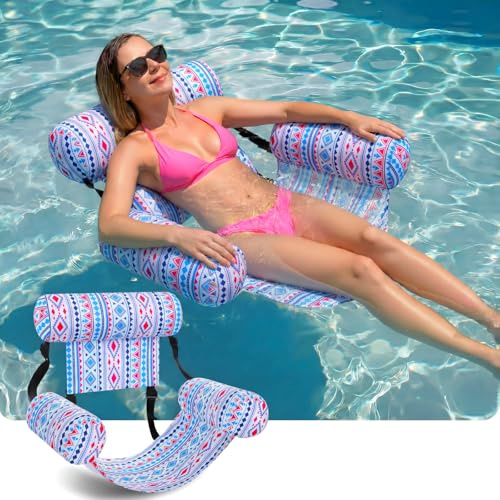 Blueweenly Pool Floats Chairs Adult Inflatable Fabric Covered Pool Lounge Chairs Adjustable Hammock Water Floating Chair Bohemian Swimming Pool Float for Summer Pool Water Fun Party