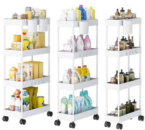 Shrivee Pack of 4 Carrito Auxiliar Baño con Ruedas 3 Niveles Ahorro de Espacio Carro Organizador con Ganchos y Tazas de Cocina Oficina (Blanco)