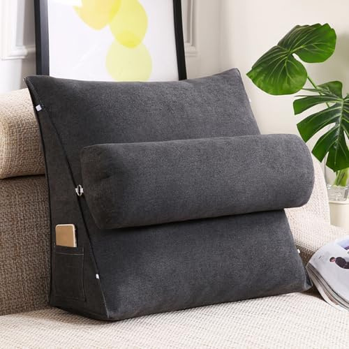 GYCS Keilkissen Dreieckiges Lesekissen Kissen Mit Verstellbarer Nacken,Keilkissen Sofa,Rückenstütze Rückenlehnenkissen Für Sofa Bett, Kopfteil Lendenwirbelstütze Kissen,Black Gray,60 * 50 * 20cm