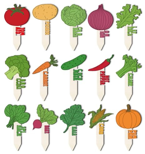 arricraft 15 Pcs Hollowed Out Shaped Wooden Plant Tags, Colorful Vegetable Shape Waterproof Garden Stake Vegetable Marker for Indoor Outdoor Potted Plant Nursery Marker Decoration