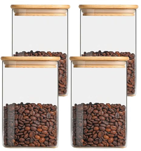 Pykrudo 4 Pack Glass Storage Jars with Airtight Bamboo Lid, 1150ml Square Glass Kitchen Canisters, Clear Container for Coffee Bean Storage, Dry Goods, Cookie, Candy, Tea, Spices