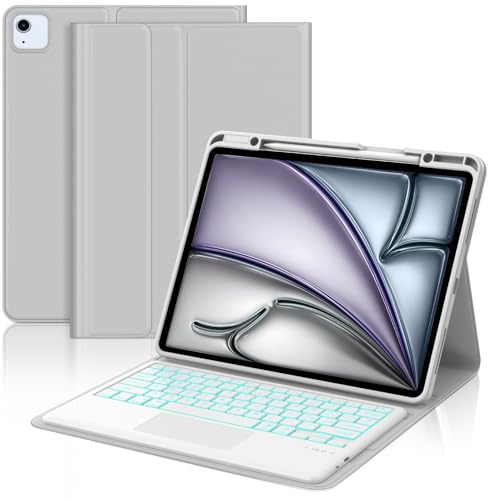 WAVATA Tastiera per iPad Air 13 M3 2025/M2 2024 con Touchpad, Custodia Tastiera per iPad Pro 12.9 Pollici 6a/ 5a/ 4a/ 3a Gen Magnetica Retroilluminata Staccabile QWERTY Layout, Grigio chiaro