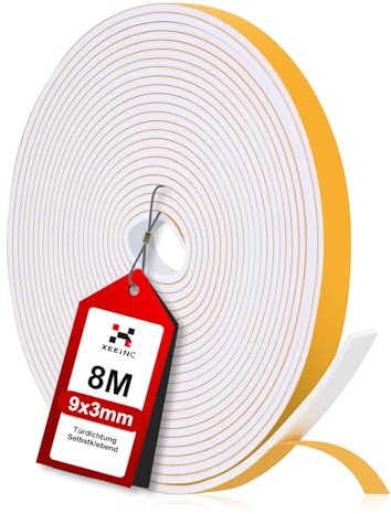XEEINC 8M Joint Porte Fenetre Isolation, 9mm(B) x 3mm(D) Joint de Porte Dentrée, Autocollante Bande de Joint Etancheite Porte Anti-froid et Phonique - Blanc