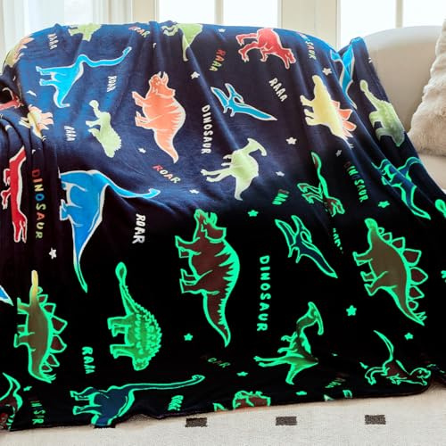 OLAOLA Manta para Niños Dinosaurio Mantas Brilla en La Oscuridad Suave Esponjosa Manta de Forro Polar Regalo para Niños Niñas Cálida Acogedora Manta para Sofá (150 x 200cm, Dinosaurio-Azul)
