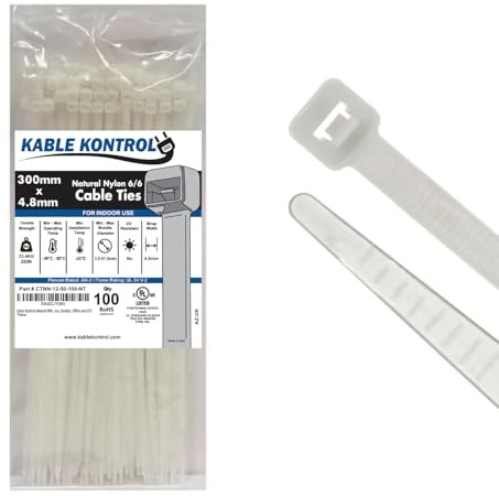 Kable Kontrol Natural White Cable Ties, 300 mm x 4.8 mm, Pack of 100, 12 Premium Nylon Zip Ties, Multi-Purpose Plastic Tie Wraps, Secure Self-Locking Mechanism, for Home, Garden, Office and DIY
