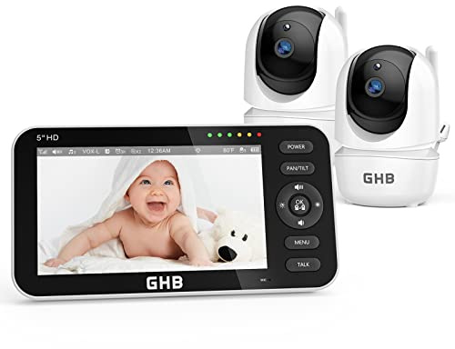 GHB Baby Monitor Video e Audio con 2 Telecamere, 720P IPS Schermo 5'', 168 Ore di Autonomia, 350°+110° Videocamera Notturna Visione Comunicazione Bidirezionale Ninne Nanne e VOX
