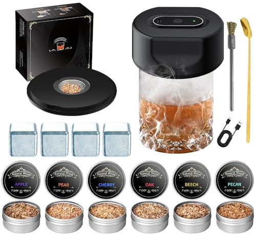 LUFEIS Electric Cocktail Smoker Kit, Electric Whiskey Smoker Kit with 6 Wood Chips & 4 Whisky Stones, Rechargeable Whisky Smoking Set, Built-In Lighter, Bourbon Whiskey Gifts for Men, Dad, Husband