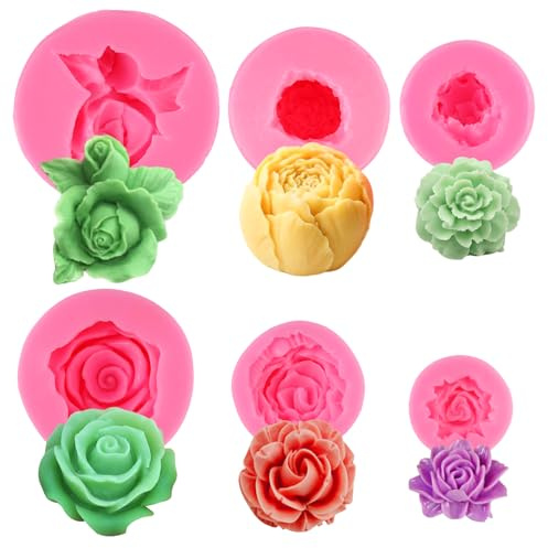 6 Pièces 3D Moule Silicone Bougie Fleur, Moule Fondant Bougie, 6 Motifs Silicone En Forme De Fleur, Moules Silicones Forme Rose, Facile À Démouler pour Fabrication De Savon, Gâteaux