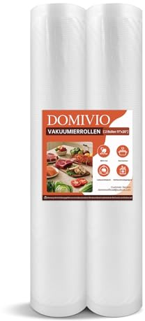 DOMIVIO vakuumpåsar i rullar, 2-pack (28 cm × 500 cm) BPA-fria Präntade Anpassade Storleksmatförvaringspåsar för Sous Vide, måltidsförberedelse & frysförvaring, Kompatibla med alla vakuumförseglar