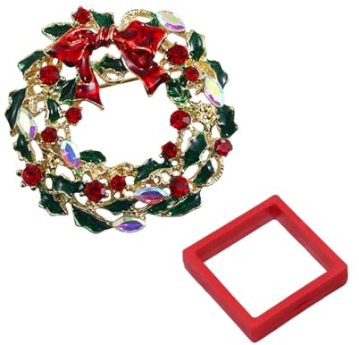Rainway Broche Couronne de Noël pour Femme, Broche de Noël avec Pierre de Cristal Scintillante, broche émaillée vert rouge, Bijoux de noël Tendance pour Femmes et Filles
