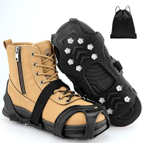 Ice Cleats for Shoes and Boots, Crampons Snow Grips for Men and Women – Non Slip Silicone Traction with 11 Stainless Steel Spikes, Ideal for Winter Walking Hiking Fishing