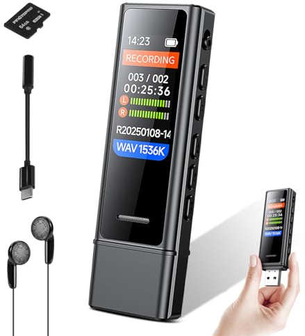 Enregistreur Vocal Numérique Snorthy 64 Go, Dictaphone HD à Double Micro avec Réduction de Bruit, Appareil d'Enregistrement Portable USB-C avec Écran Couleur de 1,47 et Casque Externe, Lecteur MP3