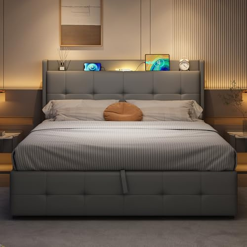 Ball & Cast Ottoman Double Bed Frame with Storage, 4ft6 Upholstered Bed Frame with Concealed Headboard Storage & Hydraulic, Charging-Station and LED-Night Light, PU, 135 * 190cm, Grey, (No Mattress)