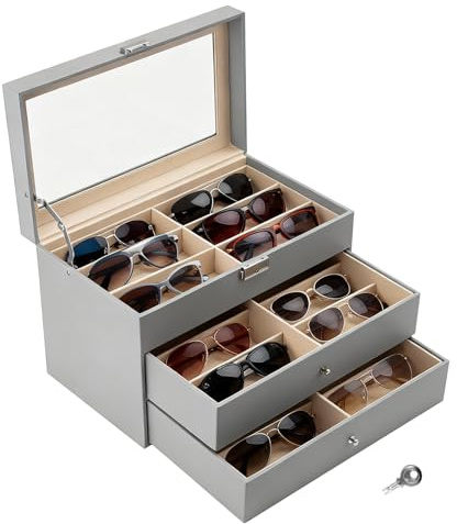 GREENSAPPIRE Brillenbox Eleganter Brillenkoffer aus Kunstleder mit Sichtfenster, Aufbewahrungsbox für Sonnenbrillen & Brillen,Schmuck&Accessoires (Grau, 3 Stock, Einheitsgröße)