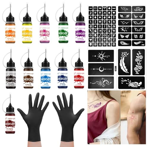 Henna Tattoo Set, 10 Flaschen Tinte,Henna Schablonen Hand Kit,Tattoo-Aufkleber, temporäre Tattoos，Geeignet für Frauen, Männer, DIY-Kunst, kreative Tattoo-Design-Partys