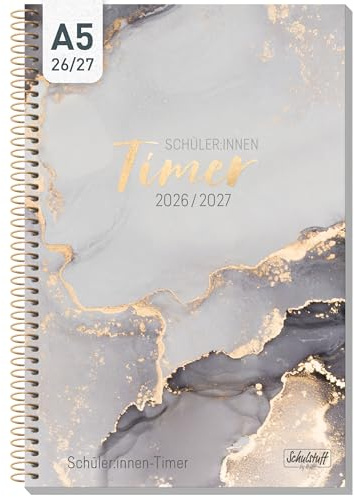 Häfft® Schulstuff Schüler:innen-Timer 2026 2027 A5 Grey Marble | Schülerkalender mit Spiralbindung für flaches Aufliegen & flexibles Umschlagen - Hausaufgabenheft, Schülerplaner