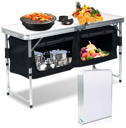 Vkechh Campingküche Campingschrank klappbar mit Aluminiumgestell und Staufächer, Zeltschrank, Küchenbox, Outdoor Camping Küche, Küchenschrank, Reiseküche für Camping, Picknick, Gartenparty