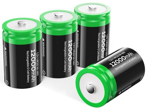 Rechargeable D Batteries, 12000mAh Ni-MH 1.2V D Cell Batteries (HR20), Replace Single-use Alkaline D Batteries (LR20), Rechargeable up to 1,200 Times, 4-Pack