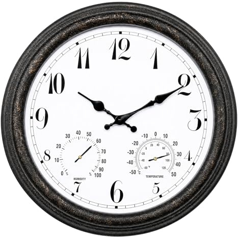 Taodyans Gartendeko für Draußen Wetterfest groß, 38 cm wasserdichte Gartenuhr mit Thermometer und Feuchtigkeitsanzeige zum Aufhängen an Terrasse, Pool, Veranda, Badezimmer –Ticken (Schwarz, 38cm)