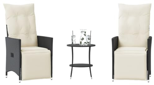 YunCangg 3-TLG. Bistro-set av svart poly rotting med kudde, justerbara trädgårdsstolar, pulverlackerad stålram, väderbeständig för terrass, balkong, veranda och utomhuslounge