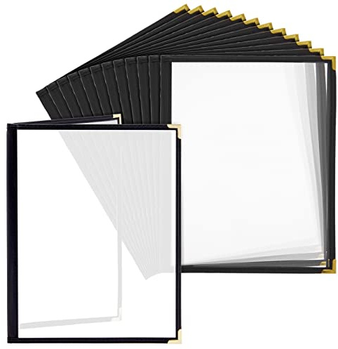 Juvale Clear Menu Covers 8x11 in 4 View - 12-Pack, Letter Size Black PU Leather - Double Panel Clear Sleeves & Gold Metal Corners - Menu Holders for Restaurants & Bars