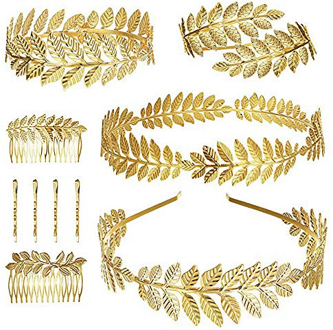 Finrezio 10 Stück Griechische Göttin Lorbeerblatt Armband Goldene Krone Stirnband Kamm Haarnadel Brautschmuck-Set Armband Arm Manschette Hochzeit Kopfschmuck Haarschmuck Gold