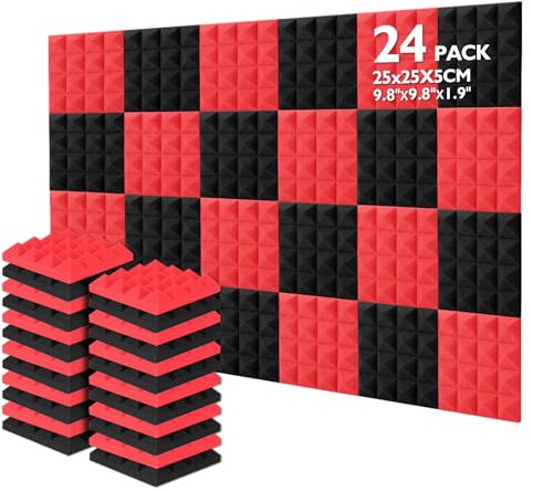 AGPtEK Schalldämmende Polsterung 24 Stück Schaumstoff-Dämmplatten 25 x 25 x 5 cm Akustikschaumstoff Rot und Schwarz Ideal für Tonstudio, Fernsehzimmer, Kinderzimmer, Büro und Podcast (Rot und Schwarz)