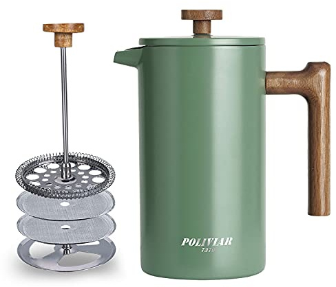POLIVIAR French Press Coffee Maker, 34 oz Coffee Press with Real Wood Handle, Double Wall Insulation & Dual-Filter Screen, Food Grade Stainless Steel for Good Coffe and Tea (Flatland)