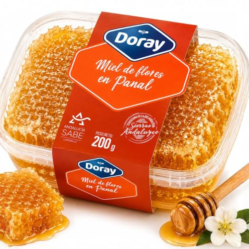 DORAY | Miel de Flores en Panal Natural 200 g | Panal de Abeja Comestible | Miel Pura Sin Filtrar ni Procesar | Directamente de la Colmena a tu Mesa