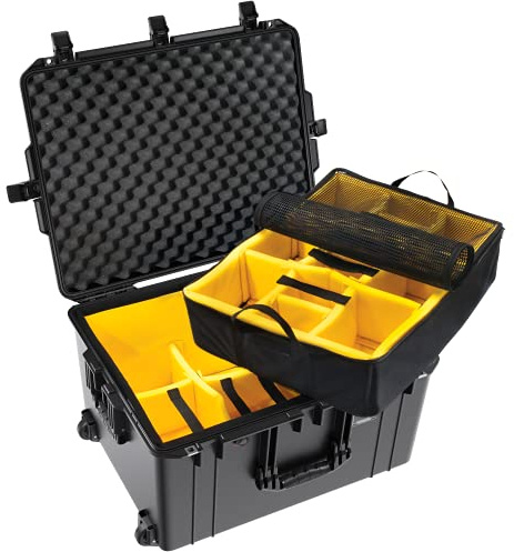 Peli 1637 Air Leichter Rollkoffer für Drohne, Bühnenlicht, Studioblitz, Fotoausrüstung, Wasser- und Staubdicht, 89L Volumen, Mit gepolstertem Einteilungssystem, Farbe: Schwarz