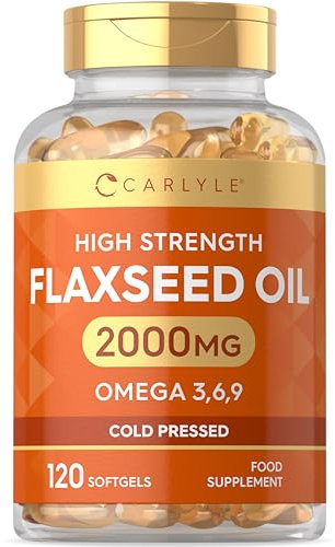 Flaxseed Oil Capsules 2000mg | 120 Vegan Softgels | High Strength Supplement with Omega 3 6 & 9 | Cold Pressed | by Carlyle