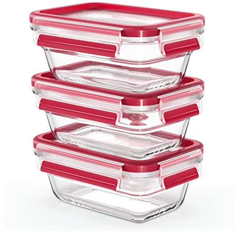 EMSA Clip & Close Glas Frischhaltedose, rechteckig, 0,45 L, 100 Prozent dicht, rutschfestes Stapeln, Glasbehälter spülmaschinen-, gefrier-, backofen-, mikrowellenfest, Rot, Transparent, N10511