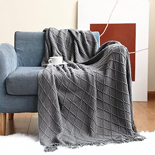 Kuscheldecke Grau Anthrazit Flauschig Gestrickt Tagesdecke Grob Wohndecke Wendedecke Kuscheldeck Sofadecke Couchdecke Strickdecke Sofa Bett Überwurf 130 x 180 cm Sofaüberwurf mit Fransen Bedspread