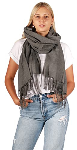 DOLCE ABBRACCIO by RiemTEX Damen Winter Schal kuschelig und warm Winterschal mit Fransen Schals Damenschal in Unifarben (Dunkelgrau)