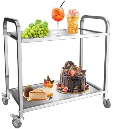 MOOTACO Servierwagen 2 Böden Küchenwagen Transportwagen Edelstahl mit 4 Rollen (2X bremsbar) für Restaurant Küchen oder Hotel (95 x 50 x 95 cm)
