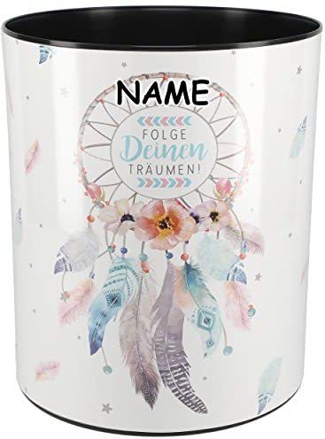 alles-meine.de GmbH Papierkorb/Behälter Traumfänger/Federn inkl. Name - 13 Liter - 30 cm hoch - wasserdicht - aus Kunststoff - großer Mülleimer Eimer/Spielzeugkorb/Po..
