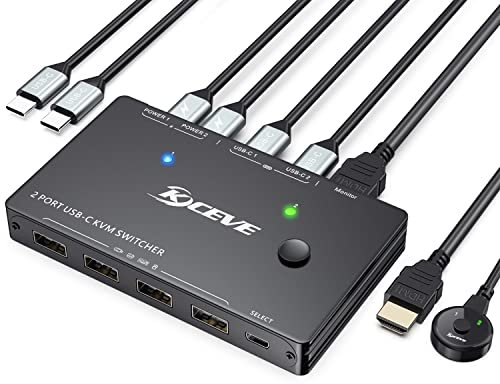 USB C KVM Switch 4K@60Hz,Commutateurs KVM USB C pour 2 Ordinateurs Portable Partage 1 HDMI Monitor et 4 Appareils USB2.0, avec Option d'alimentation de 100 W, Télécommande Filaire et 3 Câbles Inclus