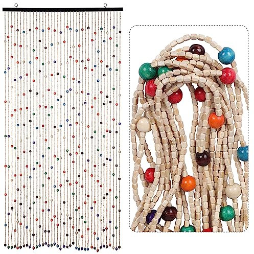 ANMINY Holz-Bambus-Perlenvorhang, natürlich, bunt, Holz, Raumteiler, dekorativ, handgefertigt, farbige Türperlen, Fadenvorhänge, Wandpaneel, Jalousien für Tür, Heimdekoration, 88.9x180.3 cm