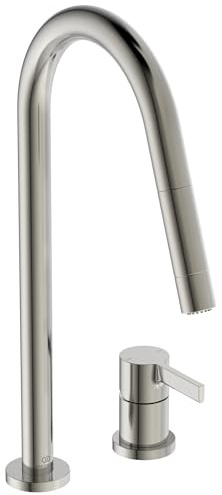 Ideal Standard – Gusto 2-Loch Küchenarmatur, Hoher Auslauf mit zylindrischem Querschnitt, mit 2-Funktionshandbrause, Schwenkbereich 360°, Schaftverschraubung von unten, Silver Storm