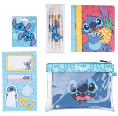 Grupo Erik Schreibwaren Disney Stitch -3 A6 Notuzbücher - Federmäppchen Groß - Büroklammern - 4 Textmarker - Notizzettel Klebend Disney Fanartikel