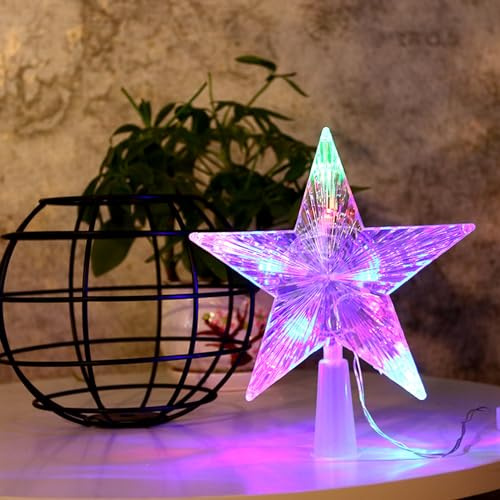 Julgransdekoration – stjärntopp med 10 LED-batterier krävs – 23 x 23 cm lysande pentagram, ihålig upplyst trädstjärna, LED-belysning trädtopp (färgat ljus 9,1 tum)